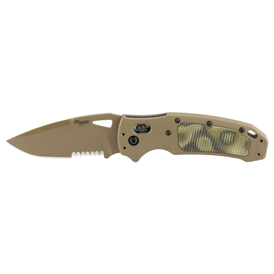 Hogue, SIG K320 AXG Scorpion, Folding Knife, Cerakote Finish, Tan, Drop Point, 3.5" Blade Length, CPM-S30V Blade Steel, Combo Edge, ABLE Lock, Green G-10 Inserts with Mini Piranha Texture