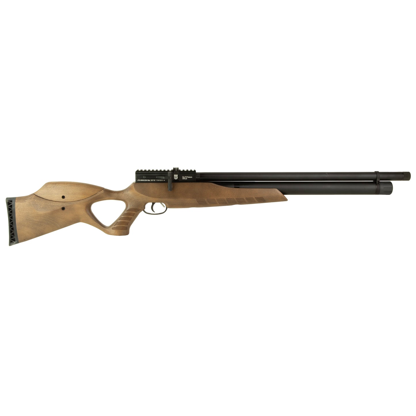 JTS Group, Airacuda Max Big Bore, Pre-Charged Pneumatic, .30 Caliber Pellet, 850 Feet Per Second, 18" Barrel, Matte Finish, Black, Thumbhole Wood Stock, 7 Rounds