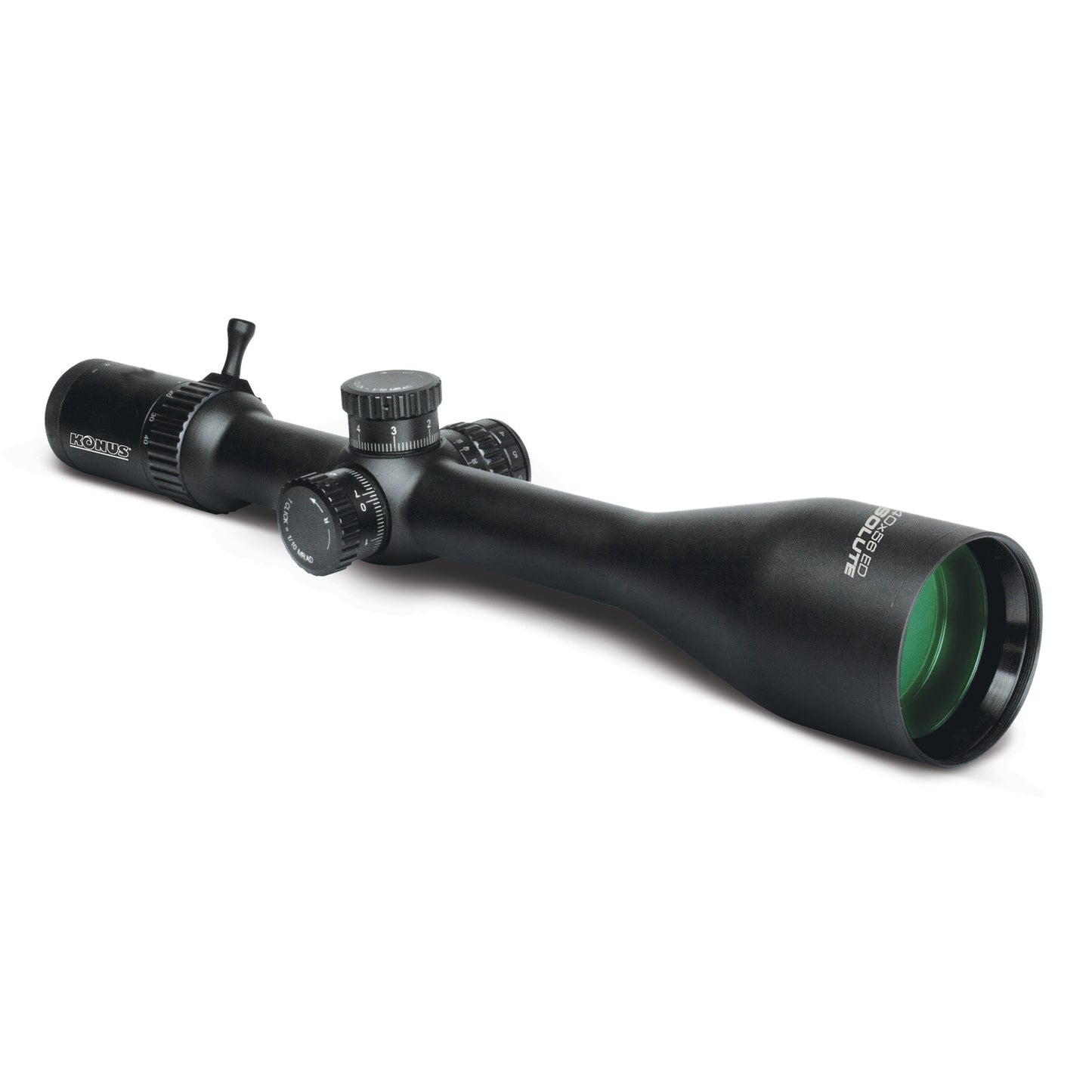 Konus, Absolute, Rifle Scope, 5-40X Magnification, 56MM Objective, 30mm Main Tube, Ethched Illuminated Mil-Dot Reticle, Matte Finish, Black, Includes Lens Cleaning Cloth