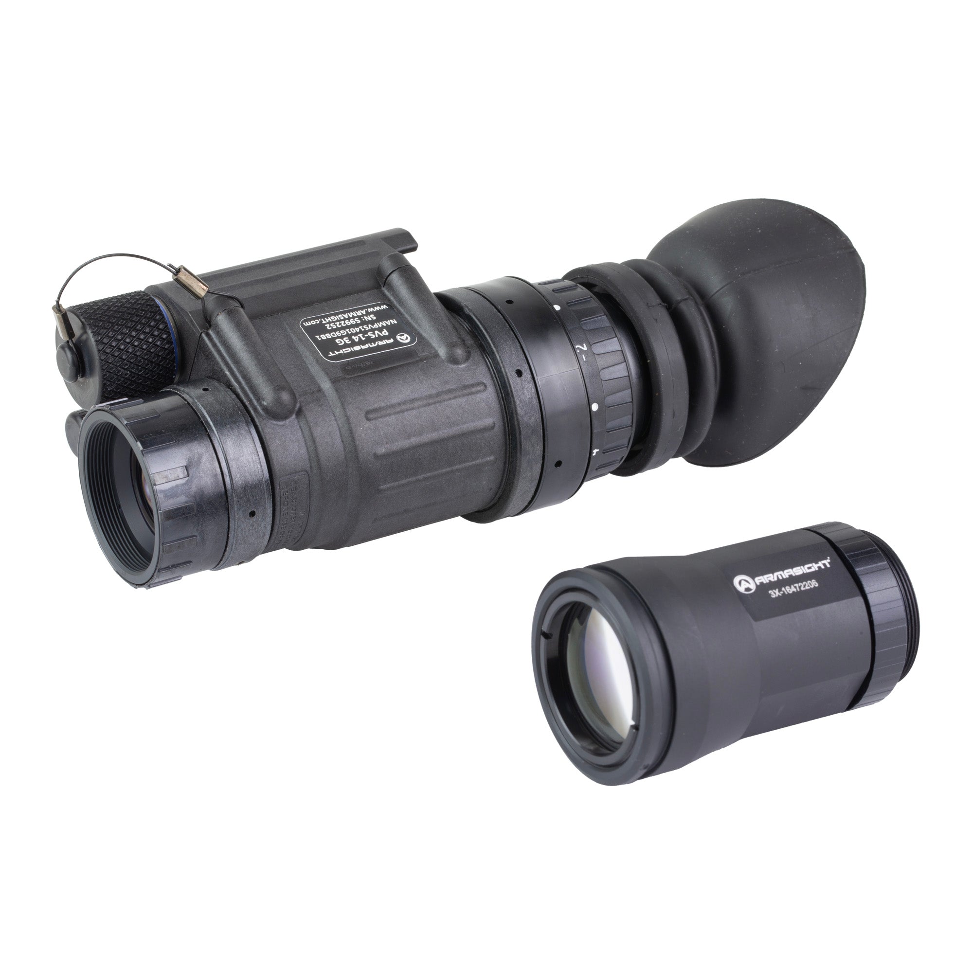 Armasight, PVS-14 Gen 3 White Phosphor, Night Vision Monocle, Matte Finish, Black, 1800+ FOM Elbit YH IIT, Manual Gain, 3x Magnifier Lens, Sacrificial Window, J-Arm Mount, Skullcrusher Head Mount Assembly, Soft Carrying Case