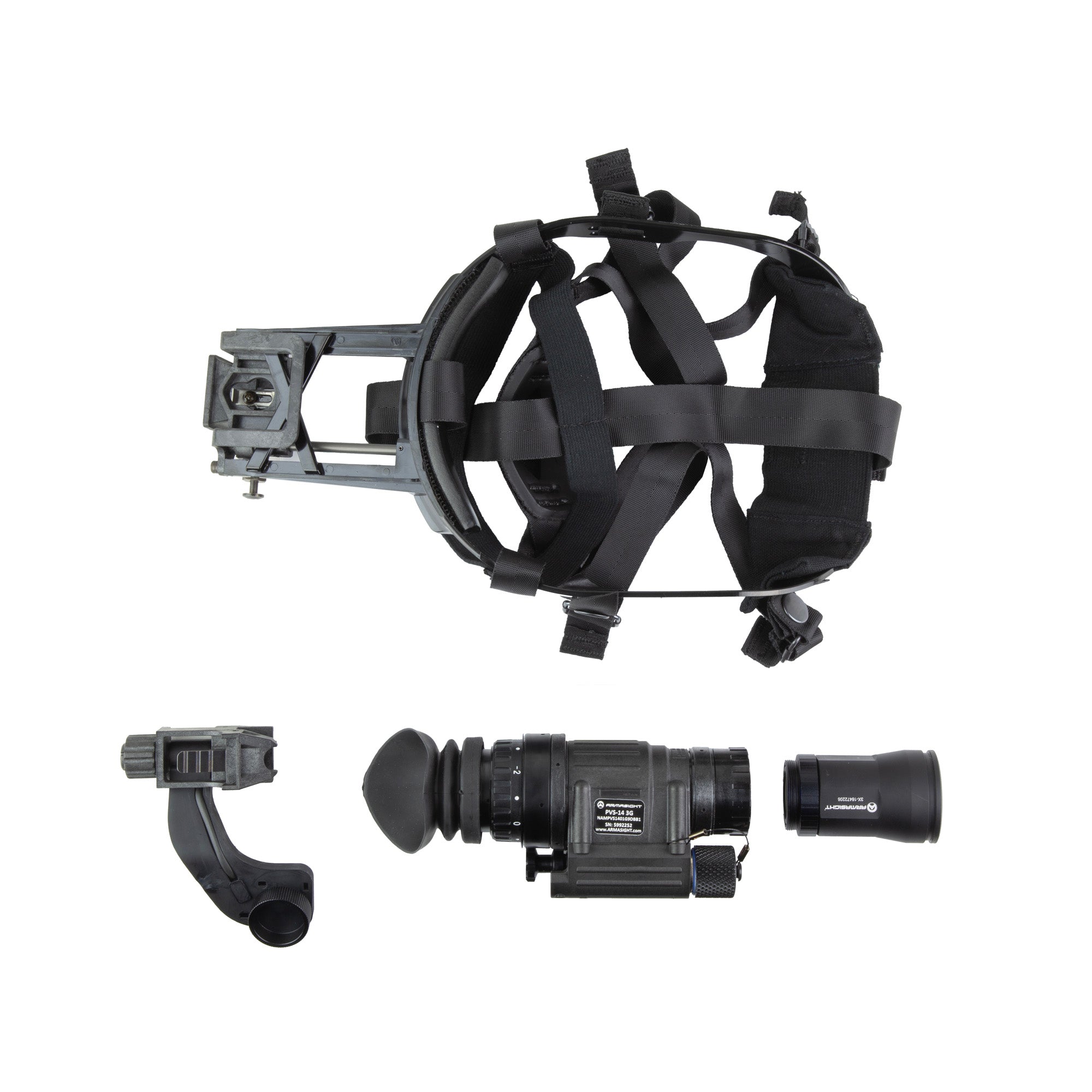Armasight, PVS-14 Gen 3 White Phosphor, Night Vision Monocle, Matte Finish, Black, 1800+ FOM Elbit YH IIT, Manual Gain, 3x Magnifier Lens, Sacrificial Window, J-Arm Mount, Skullcrusher Head Mount Assembly, Soft Carrying Case