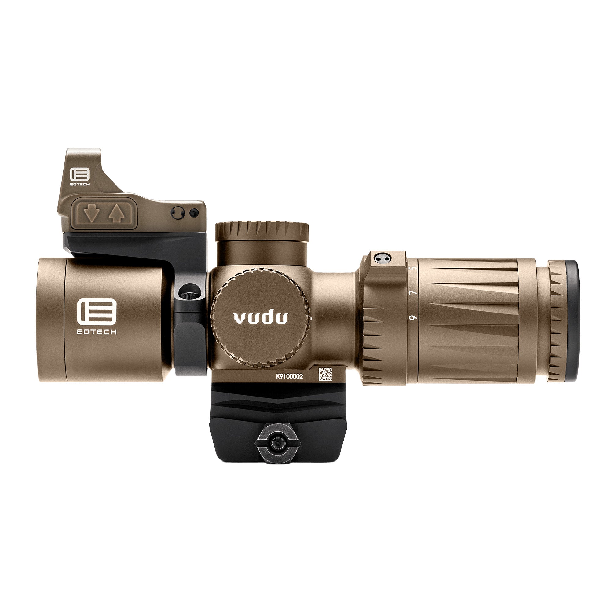 EOTECH, Vudu, Rifle Scope, 3-9X Magnification, 32mm Objective, Second Focal Plate, Compatible with Mini-ACOG Mounts, MR5 Illuminated MOA Reticle, Matte Finish, Tan, Includes 3 MOA EFLX Sight & Mount