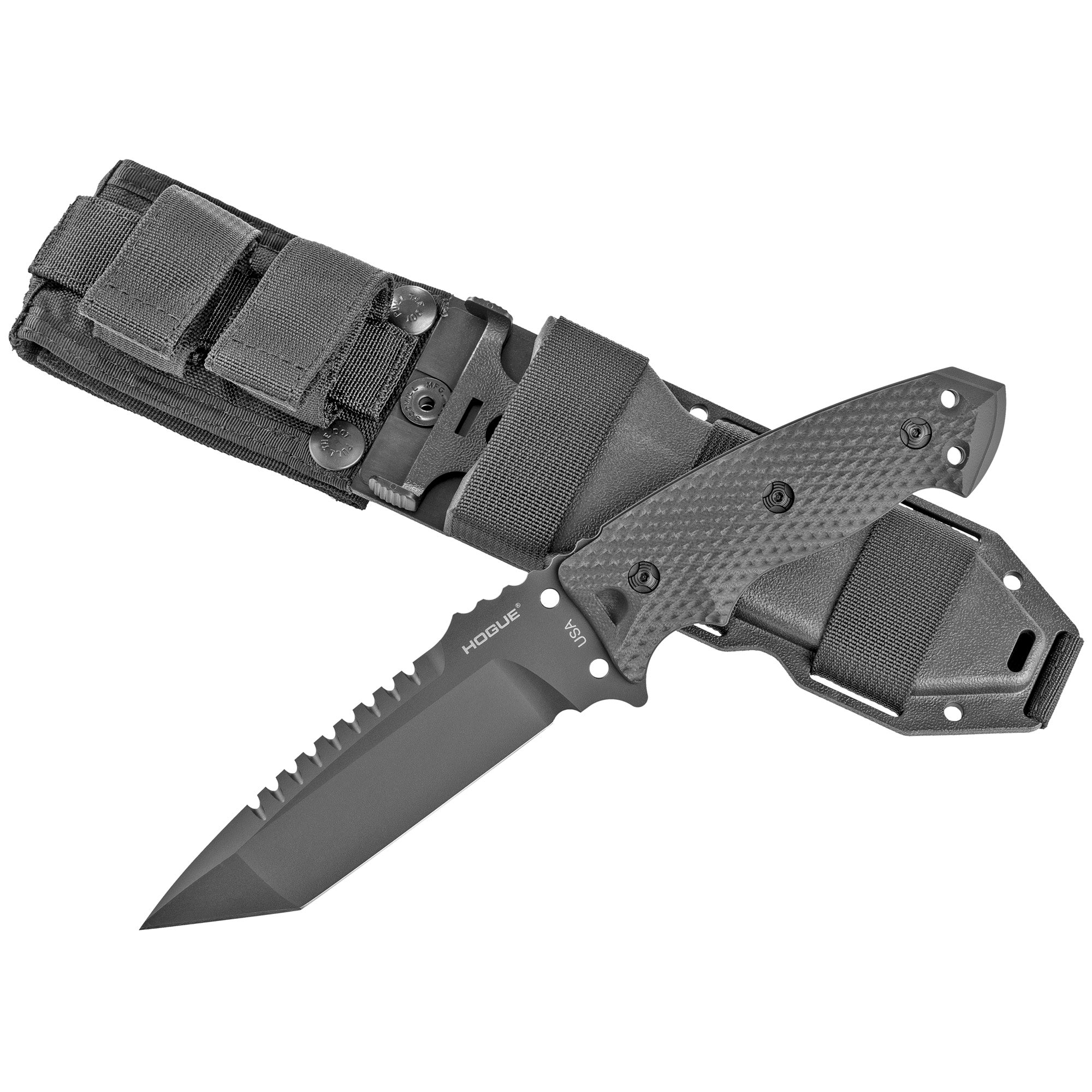 Hogue, EX-F01, Fixed Blade Knife, 5.5" Tanto Blade with Broad Rear Saw Teeth, Black Cerakote Finish, A2 Tool Steel, G10 Black Handle Includes Retention Sheath