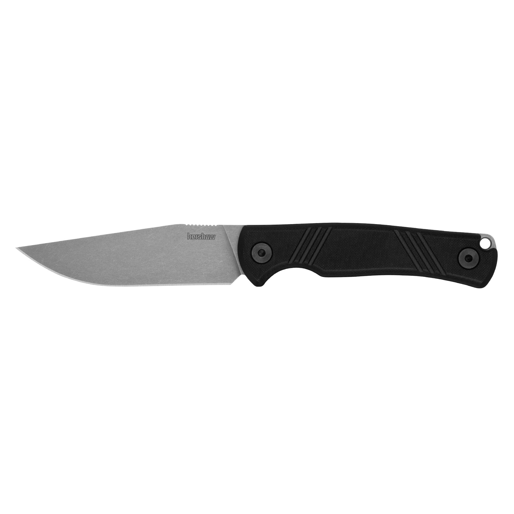 Kershaw, Pack Mule, Fixed Blade Knife, 3.9" Clip Point Blade, N690 Blade Steel, 8.4" Overall Length, Satin Working Finish, Silver Blade, Black G10 Handle, Includes Sheath