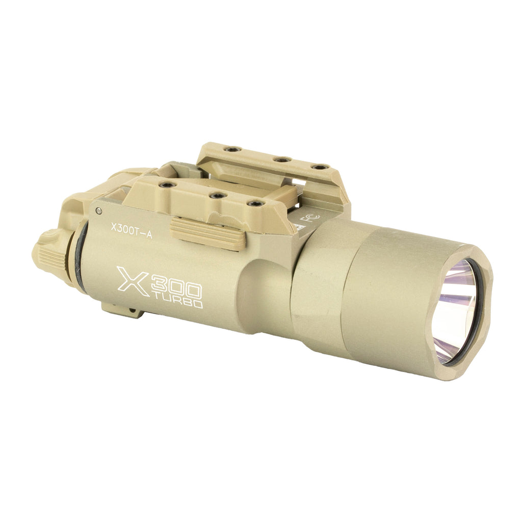 Surefire, X300-A Turbo, Weapon Light, White LED, 650 Lumens, Fits Picatinny and Universal, 66,000 Candela, Lever Latch Attachment, For Pistols, Matte Finish, Tan