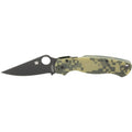 Spyderco, Para Military 2, Folding Knife, 3.438" Blade, Clip Point, Plain Edge, CPM-S45V With Black DLC Finish, Camo G-10 Frame, Circle Thumb Hole/Pocket Clip