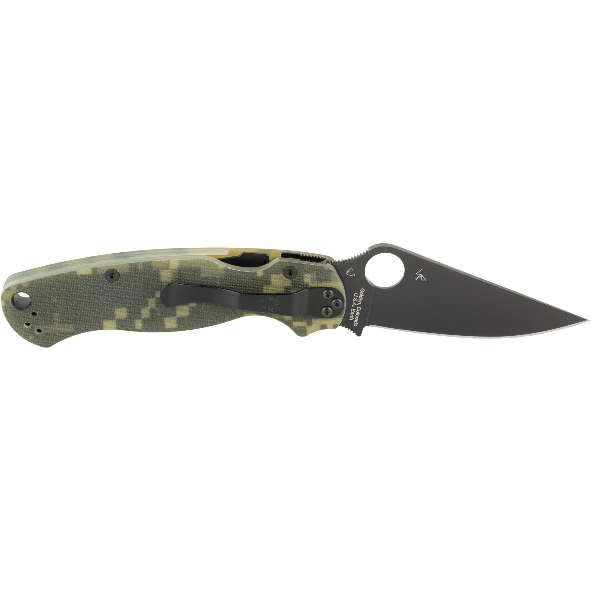Spyderco, Para Military 2, Folding Knife, 3.438" Blade, Clip Point, Plain Edge, CPM-S45V With Black DLC Finish, Camo G-10 Frame, Circle Thumb Hole/Pocket Clip