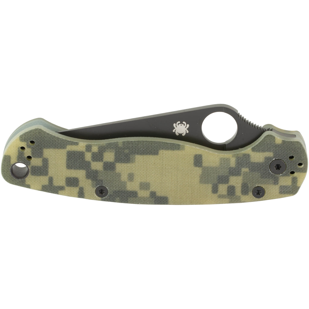 Spyderco, Para Military 2, Folding Knife, 3.438" Blade, Clip Point, Plain Edge, CPM-S45V With Black DLC Finish, Camo G-10 Frame, Circle Thumb Hole/Pocket Clip