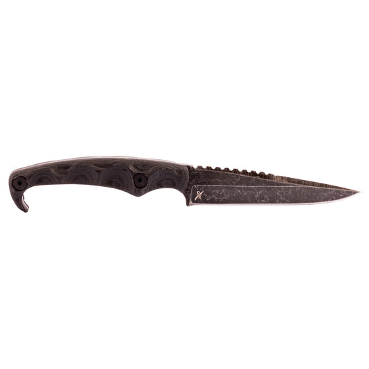 STROUP, MK2, Fixed Blade Knife, 4" Clip Point Blade, 1095 High Carbon Steel, 8" Overall Length, Acid Etched Finish, Black, G10 Handle, Includes Sheath