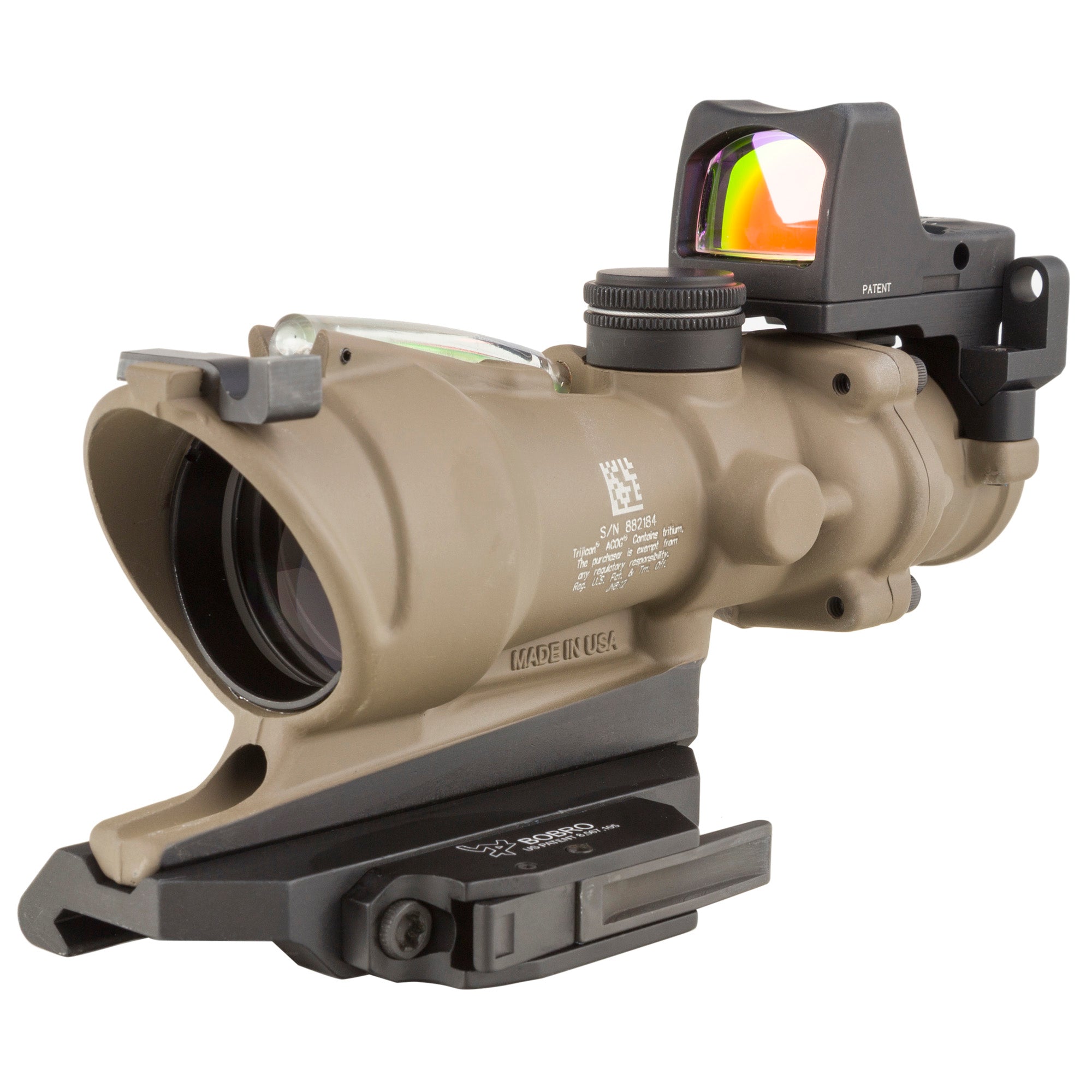 Trijicon, ACOG ECOS, 4X32mm Dual Illuminated Green Crosshair 5.56 Reticle, Backup Iron Sights, Quick Release Mount, LED 3.25 MOA Red Dot RMR Type 2, Cerakote Flat Dark Earth Finish