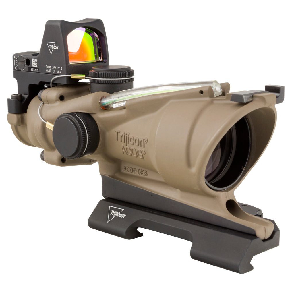 Trijicon, ACOG ECOS, 4X32mm Dual Illuminated Green Crosshair 5.56 Reticle, Backup Iron Sights, Quick Release Mount, LED 3.25 MOA Red Dot RMR Type 2, Cerakote Flat Dark Earth Finish