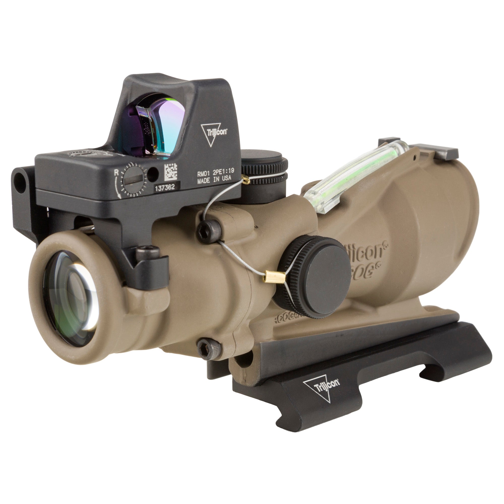 Trijicon, ACOG ECOS, 4X32mm Dual Illuminated Green Crosshair 5.56 Reticle, Backup Iron Sights, Quick Release Mount, LED 3.25 MOA Red Dot RMR Type 2, Cerakote Flat Dark Earth Finish